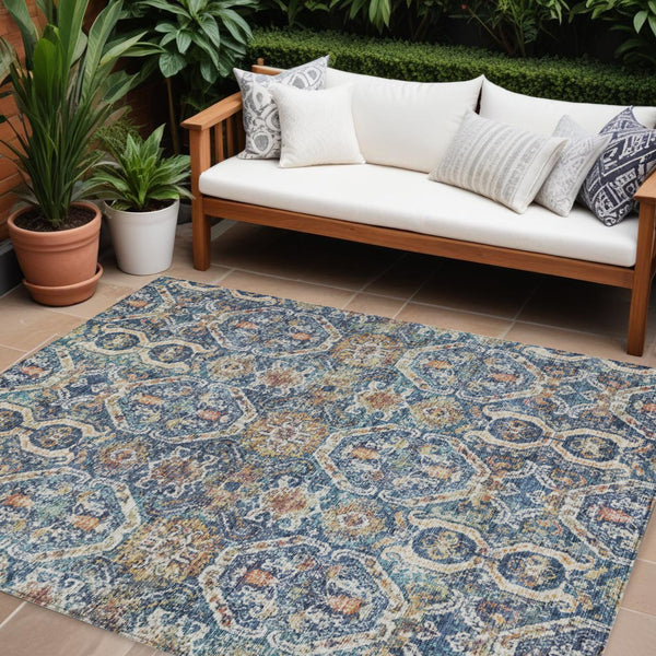 Homeroots 3' Denim Blue Beige & Brown Floral Washable Area Rug - Durable Indoor/Outdoor Design For Any Space 8' X 10' Polyester 605852