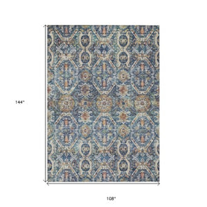 Homeroots 3' Denim Blue Beige & Brown Floral Washable Area Rug - Durable Indoor/Outdoor Design For Any Space 9' X 12' Polyester 605853