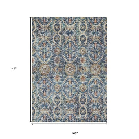 Homeroots 3' Denim Blue Beige & Brown Floral Washable Area Rug - Durable Indoor/Outdoor Design For Any Space 9' X 12' Polyester 605853