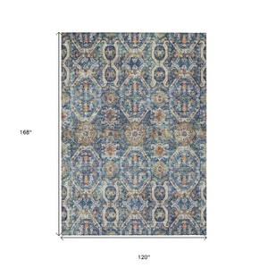 Homeroots 3' Denim Blue Beige & Brown Floral Washable Area Rug - Durable Indoor/Outdoor Design For Any Space 10' X 14' Polyester 605854