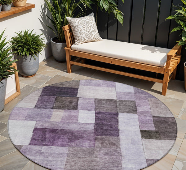 Homeroots 3' Artistic Eggplant Black And Lavender Geometric Washable Rug For Indoor Or Outdoor Spaces 8' Round Polyester 605857