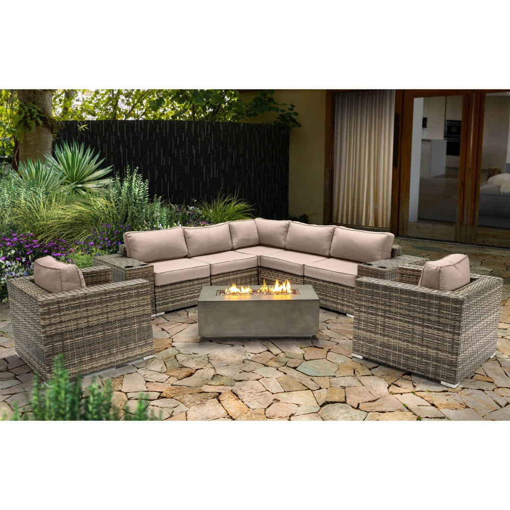 English Elm 6-Person Luxury Patio Seating Set with Concrete Fire Pit, HDPE Wicker, Plush Cushions, Turnkey Outdoor Retreat Grey B120S00105