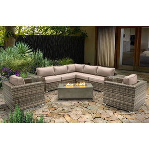 English Elm 6-Person Luxury Patio Seating Set with Concrete Fire Pit, HDPE Wicker, Plush Cushions, Turnkey Outdoor Retreat Grey B120S00105