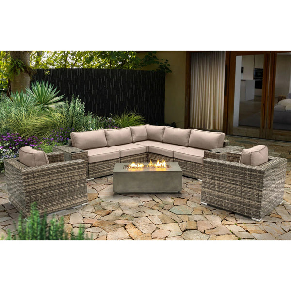 English Elm 6-Person Luxury Patio Seating Set with Concrete Fire Pit, HDPE Wicker, Plush Cushions, Turnkey Outdoor Retreat Grey B120S00105