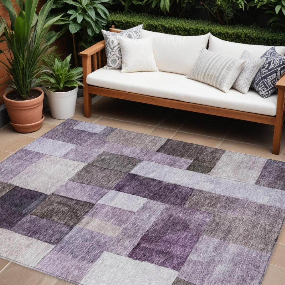 HomeRoots 9' X 12' Eggplant, Black & Lavender Geometric Indoor-Outdoor Area Rug - Durable, Washable & Chic! 605859