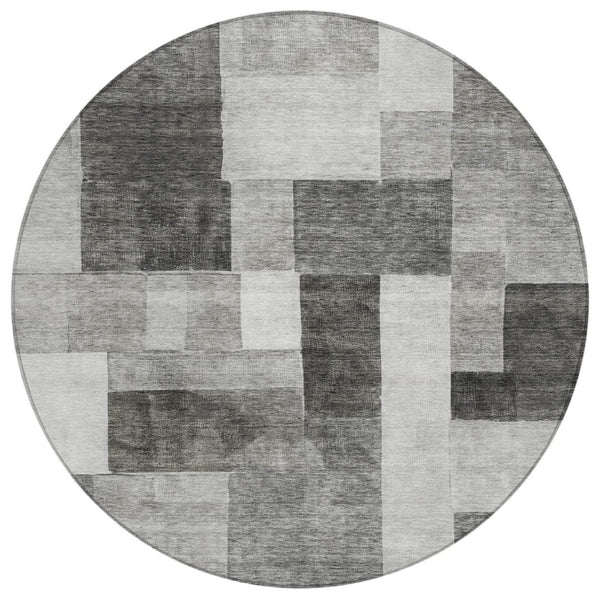 HomeRoots 5' Modern Pewter and Black Geometric Area Rug - Washable, Durable Indoor/Outdoor Accent for Home 8' Round 605863