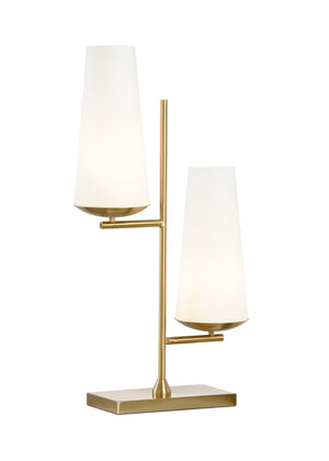 Wildwood Geminate Mid-Century Lamp With Frosted Glass Shades, Antique Brass & Matte White Finish — 30" H 60587