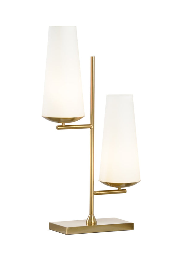 Wildwood Geminate Mid-Century Lamp With Frosted Glass Shades, Antique Brass & Matte White Finish — 30" H 60587