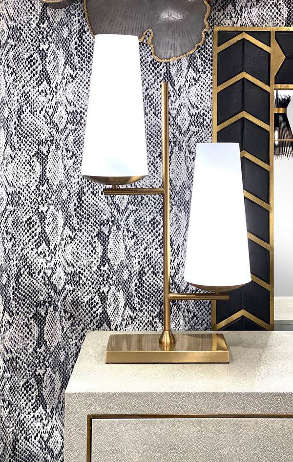 Wildwood Geminate Mid-Century Lamp With Frosted Glass Shades, Antique Brass & Matte White Finish — 30" H 60587