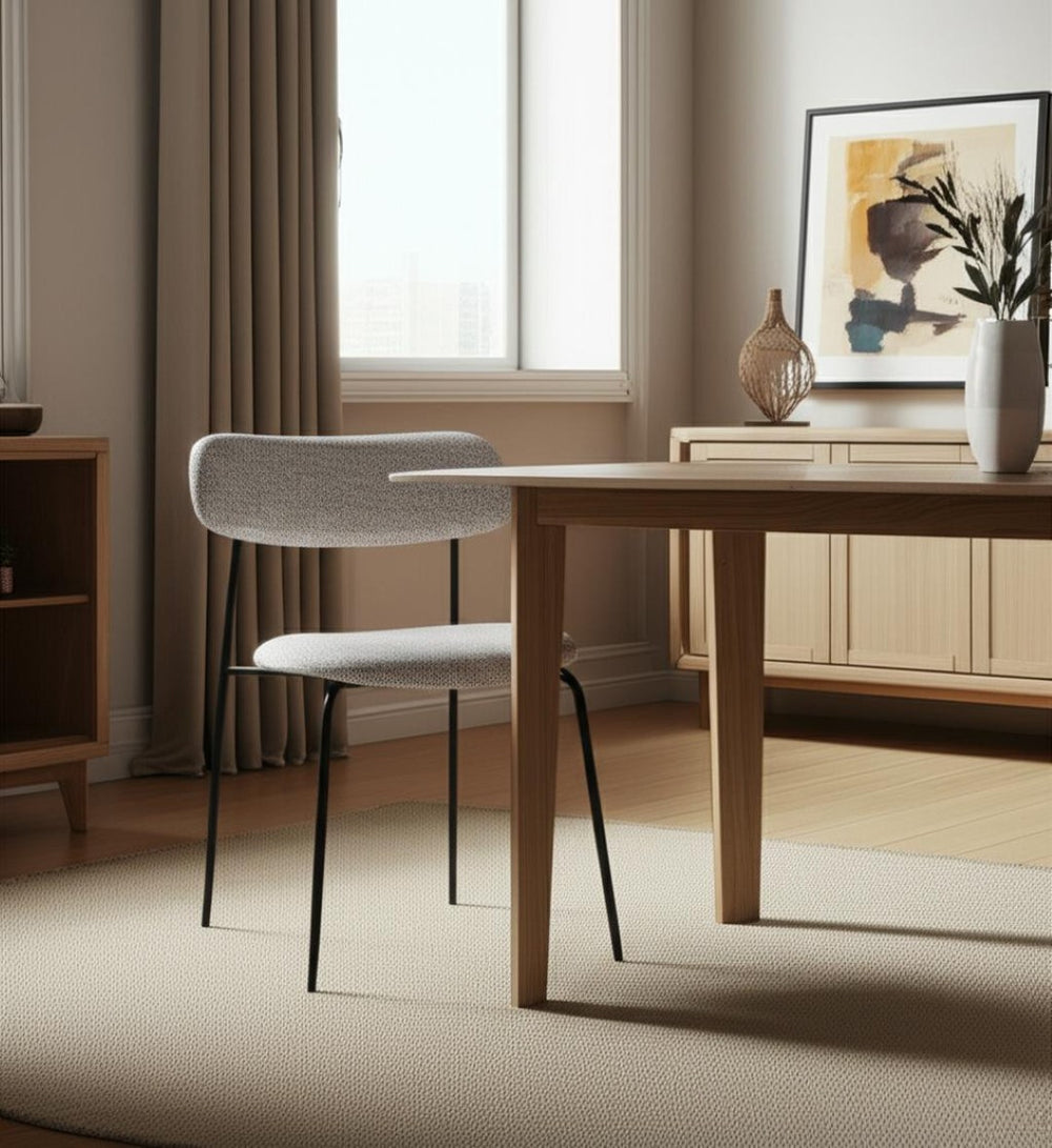HomeRoots Gray Modern Upholstered Fabric Dining Side Chair with Open Back & Black Metal Legs for Versatile Use 605879