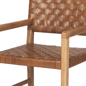 HomeRoots Brown Woven Leather Arm Chair - Solid Wood Frame, Contemporary Comfort for Dining or Accent Spaces 605888