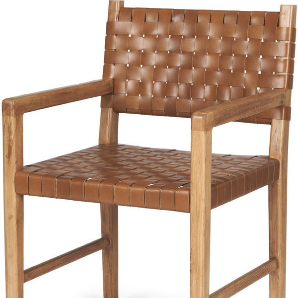HomeRoots Brown Woven Leather Arm Chair - Solid Wood Frame, Contemporary Comfort for Dining or Accent Spaces 605888