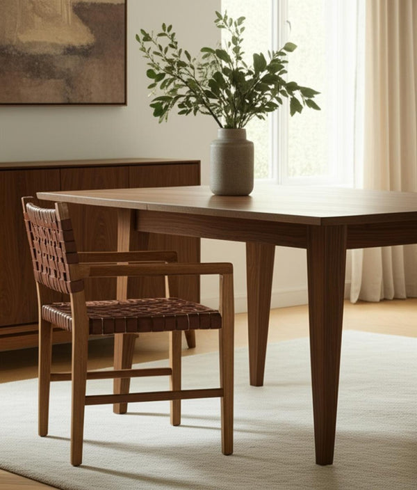 HomeRoots Brown Woven Leather Arm Chair - Solid Wood Frame, Contemporary Comfort for Dining or Accent Spaces 605888