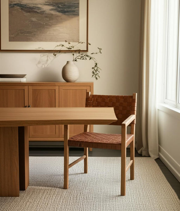 HomeRoots Brown Woven Leather Arm Chair - Solid Wood Frame, Contemporary Comfort for Dining or Accent Spaces 605888