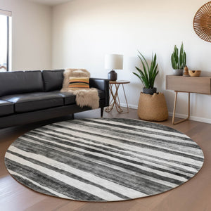 Homeroots 3' Charcoal And Gray Striped Washable Area Rug For Indoor And Outdoor Spaces - Stylish And Durable 8' Round Polyester 605893