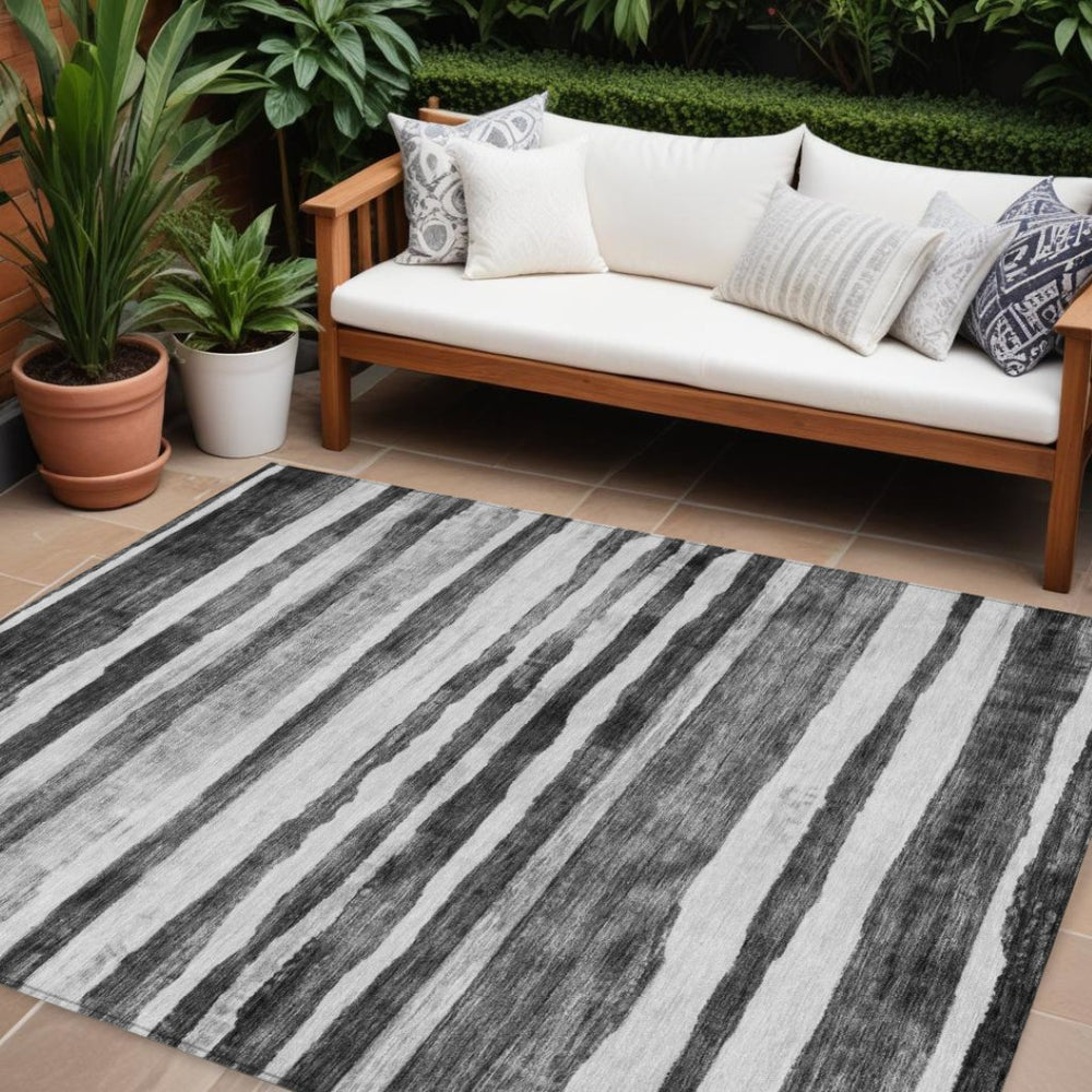 HomeRoots 9' X 12' Charcoal Gray Striped Washable Rug – Durable, Stylish, Indoor/Outdoor, Easy-Care Essential 605895