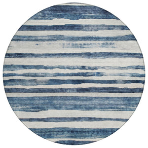 HomeRoots 5' Coastal-Inspired Denim Blue and Gray Striped Washable Area Rug for Indoor-Outdoor Use 8' Round 605899