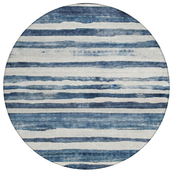HomeRoots 5' Coastal-Inspired Denim Blue and Gray Striped Washable Area Rug for Indoor-Outdoor Use 8' Round 605899