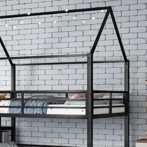 English Elm Twin House Bunk Bed with Slide Storage Stairs and Safety Rails for Kids Rooms W1580S00649