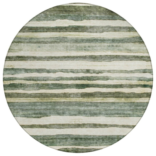 HomeRoots 5' Timeless Sage and Beige Striped Indoor Outdoor Area Rug – Durable, Washable, Versatile Design 8' Round 605905