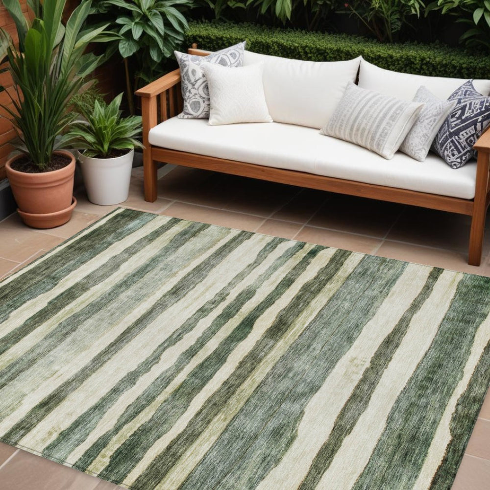 HomeRoots 5' Timeless Sage and Beige Striped Indoor Outdoor Area Rug – Durable, Washable, Versatile Design 10' X 14' 605908
