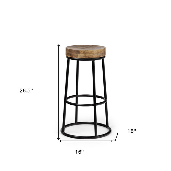 HomeRoots 26" Stylish Backless Counter Height Stool, Natural Solid Wood & Matte Black Iron - Space-Saving Comfort 605910