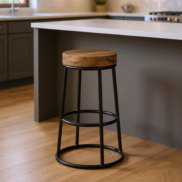 HomeRoots 26" Stylish Backless Counter Height Stool, Natural Solid Wood & Matte Black Iron - Space-Saving Comfort 605910