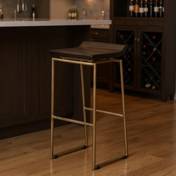 HomeRoots 30" Stylish Black and Gold Backless Bar Stool - Modern Solid Wood and Metal Design for Comfort 605912