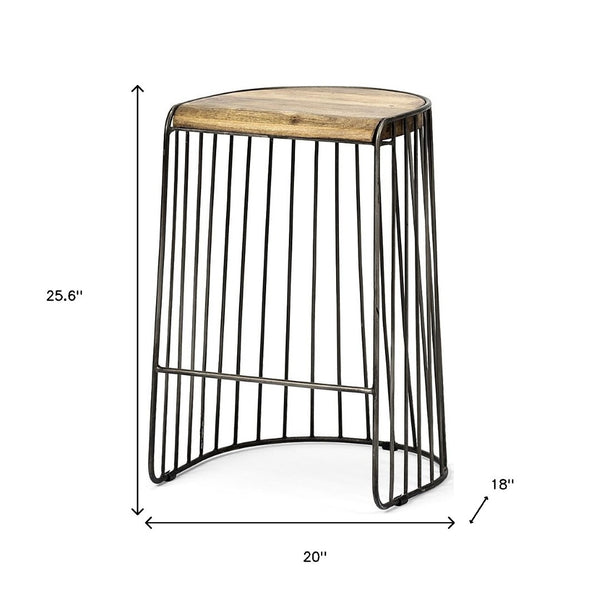 HomeRoots 26" Backless Counter Height Bar Chair with Natural Wood Seat & Black Iron Base for Modern Decor 605914