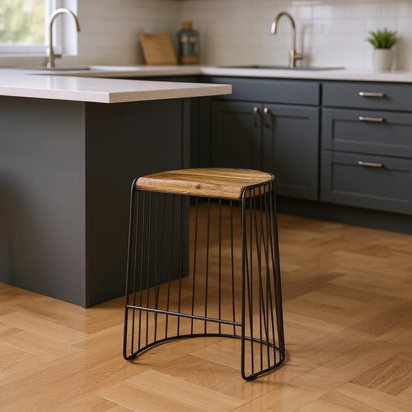 HomeRoots 26" Backless Counter Height Bar Chair with Natural Wood Seat & Black Iron Base for Modern Decor 605914
