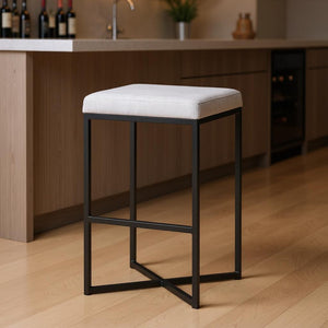 HomeRoots 30" Contemporary White Upholstered Backless Bar Stool with Black Iron Frame for Stylish Spaces 605917