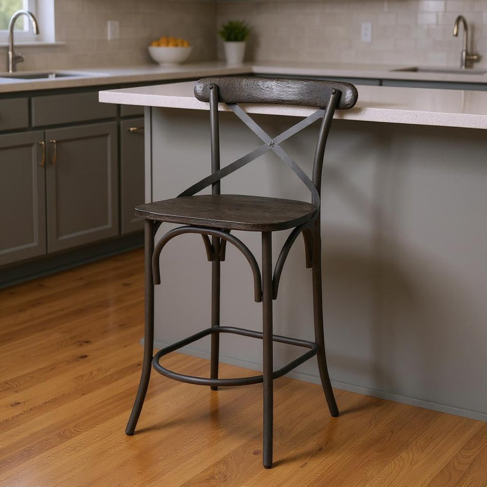 HomeRoots 26" Black Solid Wood & Iron Bar Chair - Cottage Style, Durable Comfort for Kitchen & Counter Use 605919