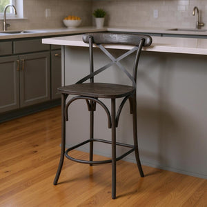 HomeRoots 26" Black Solid Wood & Iron Bar Chair - Cottage Style, Durable Comfort for Kitchen & Counter Use 605919