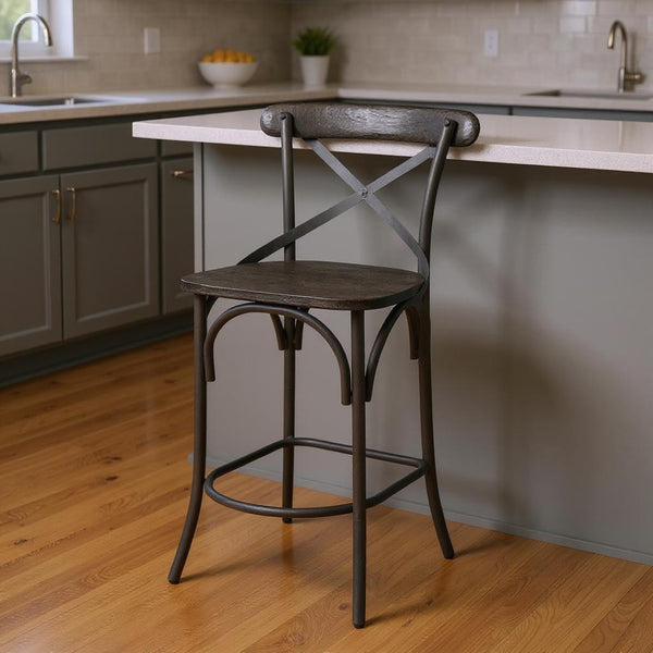 HomeRoots 26" Black Solid Wood & Iron Bar Chair - Cottage Style, Durable Comfort for Kitchen & Counter Use 605919