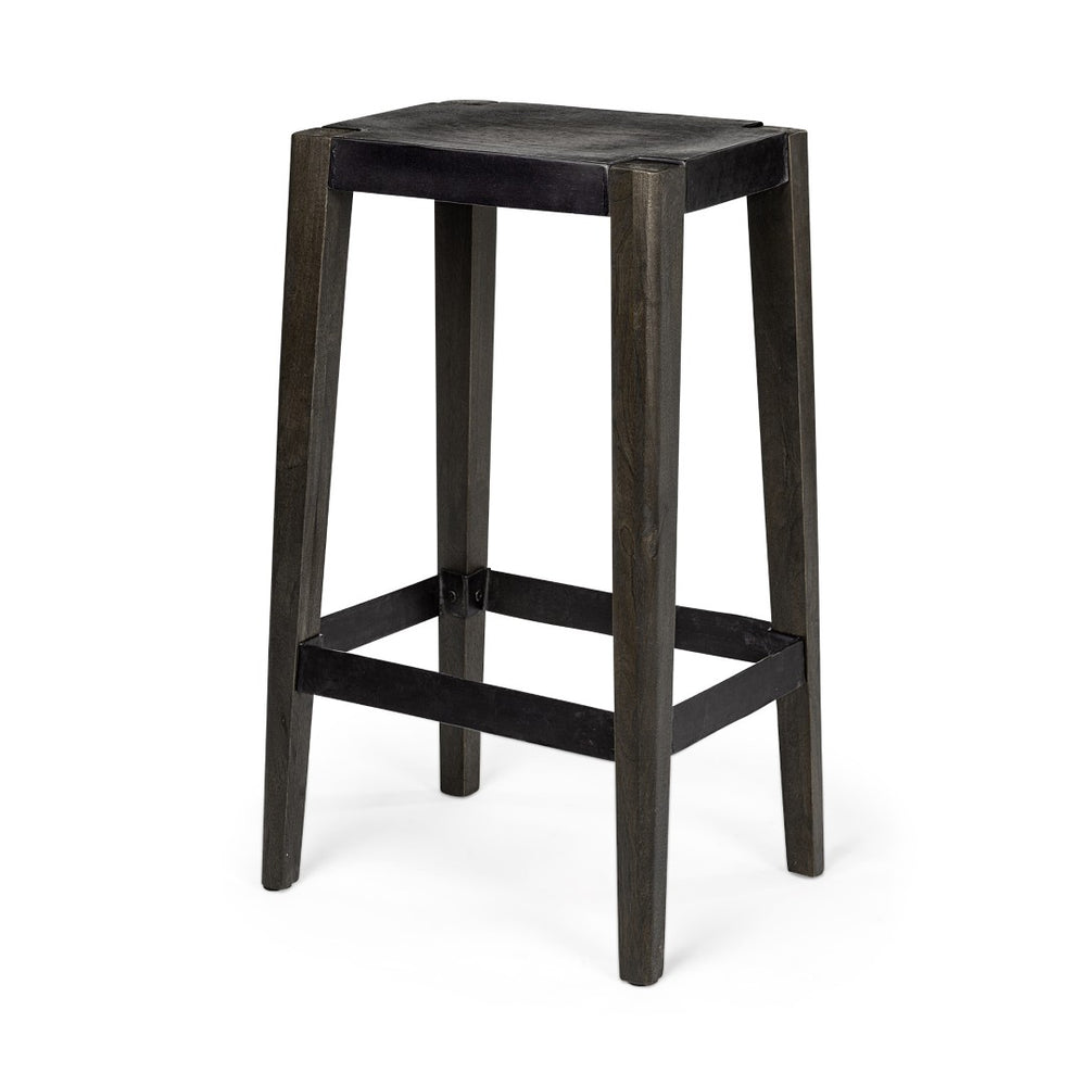 HomeRoots 30" Black Iron & Solid Mango Wood Backless Bar Stool – Stylish Industrial Seating for Any Space 605921