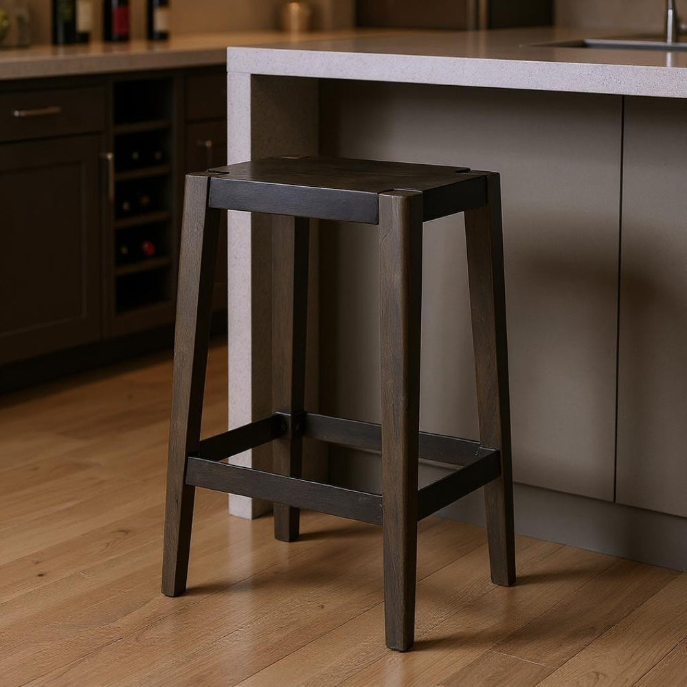 HomeRoots 30" Black Iron & Solid Mango Wood Backless Bar Stool – Stylish Industrial Seating for Any Space 605921