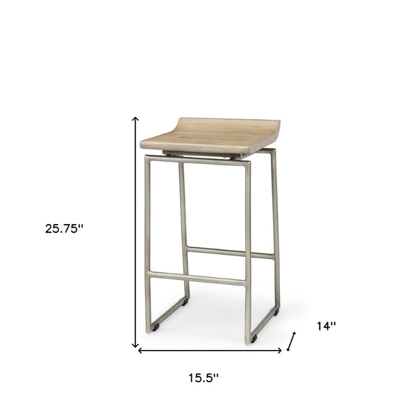 HomeRoots 25" Stylish Natural Solid Wood and Silver Iron Low Back Counter Stool for Modern Farmhouse Decor 605922