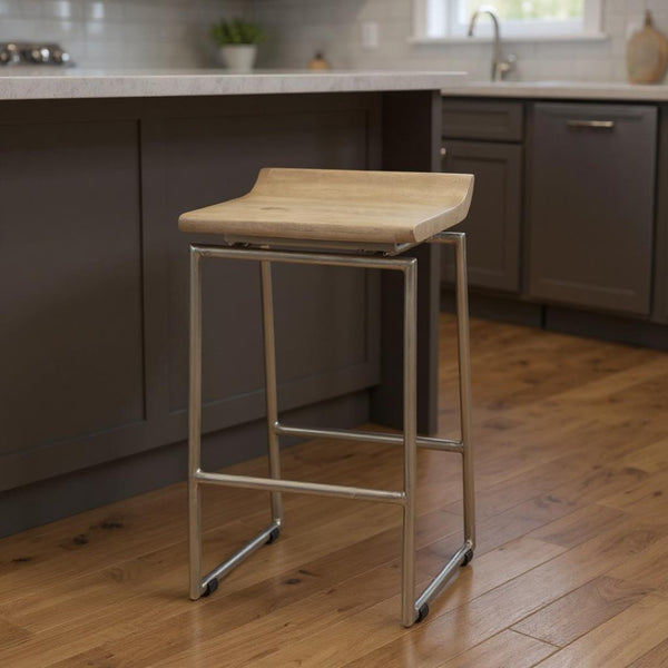 HomeRoots 25" Stylish Natural Solid Wood and Silver Iron Low Back Counter Stool for Modern Farmhouse Decor 605922