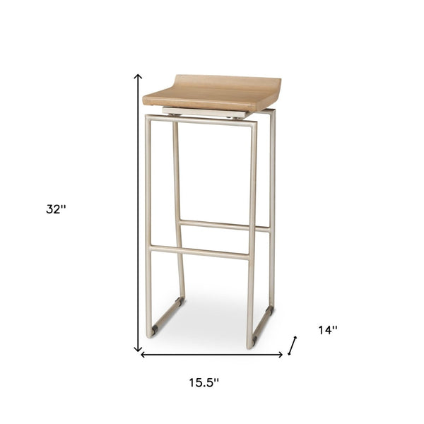 HomeRoots 31" Natural Solid Wood & Silver Iron Low Back Bar Chair for Modern Rustic Home Bar or Kitchen 605923