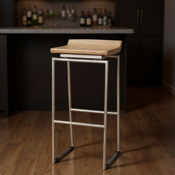 HomeRoots 31" Natural Solid Wood & Silver Iron Low Back Bar Chair for Modern Rustic Home Bar or Kitchen 605923