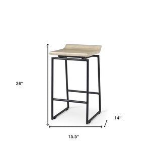 HomeRoots 25" Modern Low Back Counter Height Bar Chair with Natural Wood Seat & Black Metal Frame for Style 605924