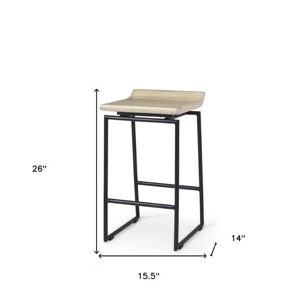 HomeRoots 25" Modern Low Back Counter Height Bar Chair with Natural Wood Seat & Black Metal Frame for Style 605924