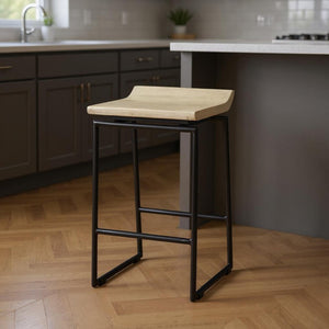 HomeRoots 25" Modern Low Back Counter Height Bar Chair with Natural Wood Seat & Black Metal Frame for Style 605924