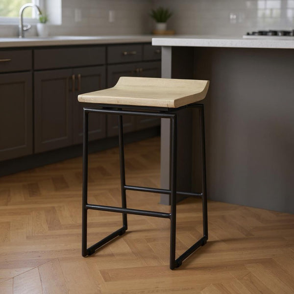 HomeRoots 25" Modern Low Back Counter Height Bar Chair with Natural Wood Seat & Black Metal Frame for Style 605924