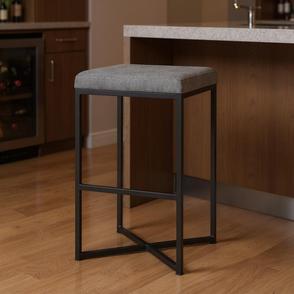 HomeRoots 30" Gray Upholstered Backless Bar Stool with Black Iron Base - Chic, Space-Saving Design for Modern Homes 605926