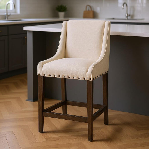 HomeRoots 28" Cream and Brown Counter Height Bar Chair - Stylish Solid Wood Support & Comfort for Any Space 605929