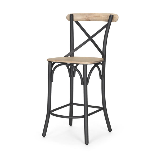 HomeRoots 26" Rustic Solid Mango Wood & Gray Iron Counter Height Bar Chair for Modern Farmhouse Style 605930