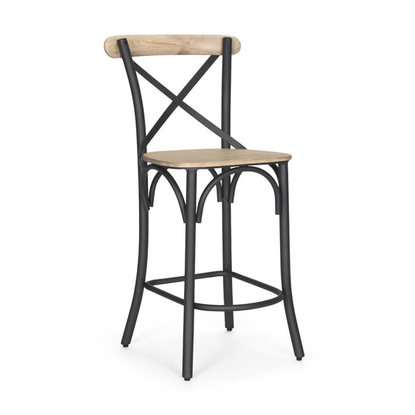 HomeRoots 26" Rustic Solid Mango Wood & Gray Iron Counter Height Bar Chair for Modern Farmhouse Style 605930