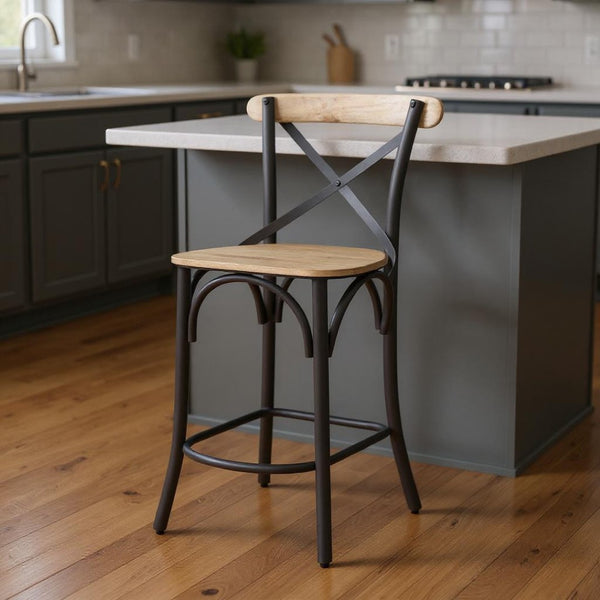 HomeRoots 26" Rustic Solid Mango Wood & Gray Iron Counter Height Bar Chair for Modern Farmhouse Style 605930