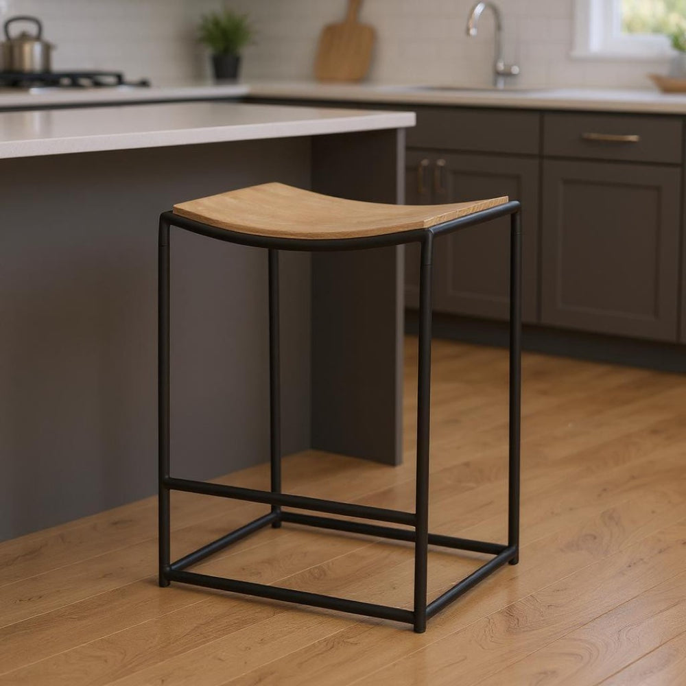 HomeRoots 26" Rustic Mango Wood and Black Iron Backless Counter Stool - Stylish Space-Saving Design for Home 605940